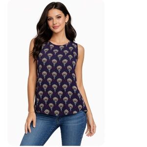 Daniel Rainn Navy Blue Top Floral Sleeveless Hi-Low Crew Neck Top Size Large